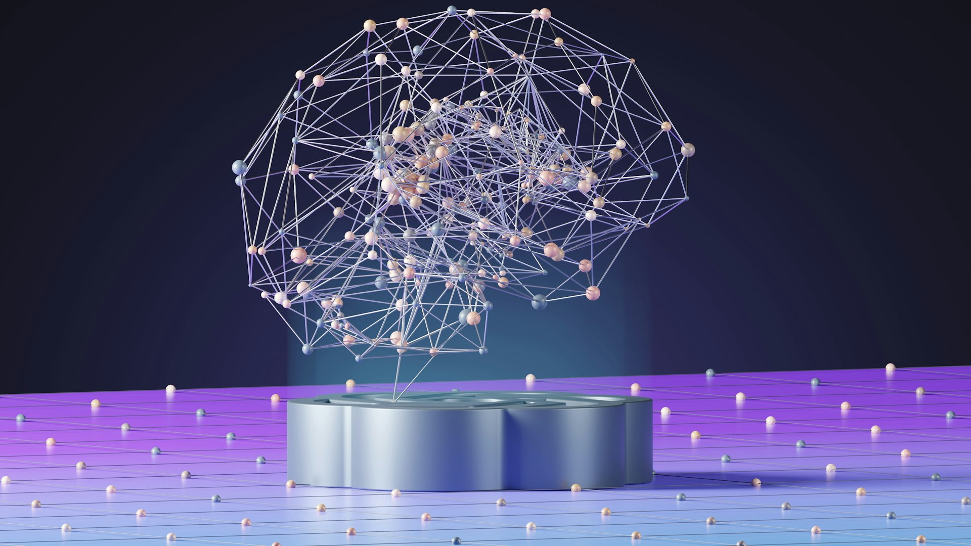 Representation 3D d'un reseau neuronal en forme de cerveau symbolisant l'IA au service du Product Owner