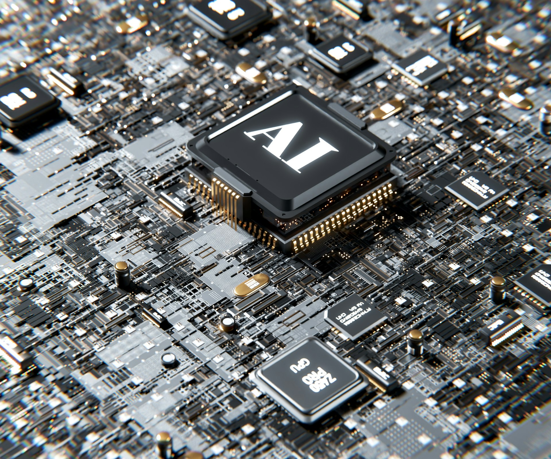 Processeur electronique grave AI sur une carte mere symbolisant l'integration de l'IA dans les workflows produit