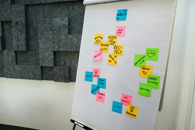 Paperboard couvert de post-its colorés avec des mots-cles agiles comme vision, teamwork et feedback