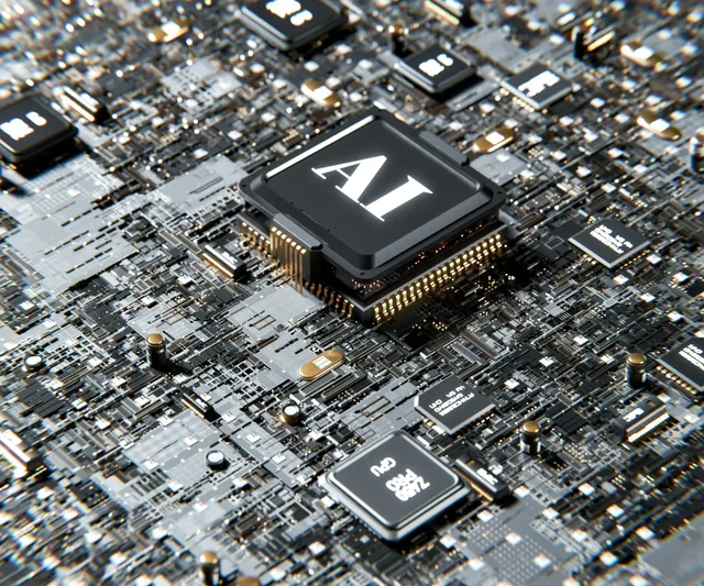 Processeur electronique grave AI sur une carte mere symbolisant l'integration de l'IA dans les workflows produit